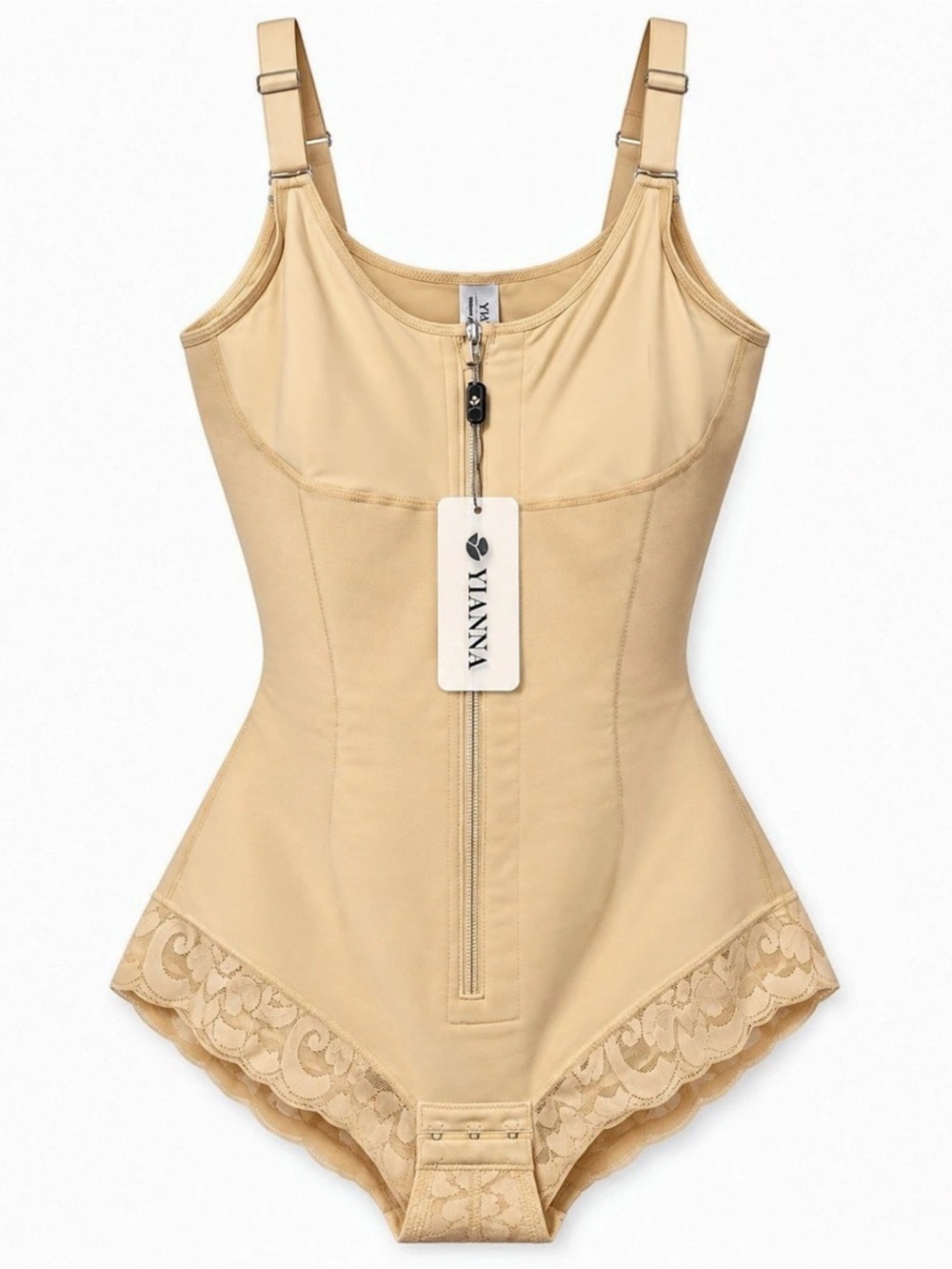 YIANNA Nude Beige Shapewear Bodysuit Front Zip Lace Trim NWT